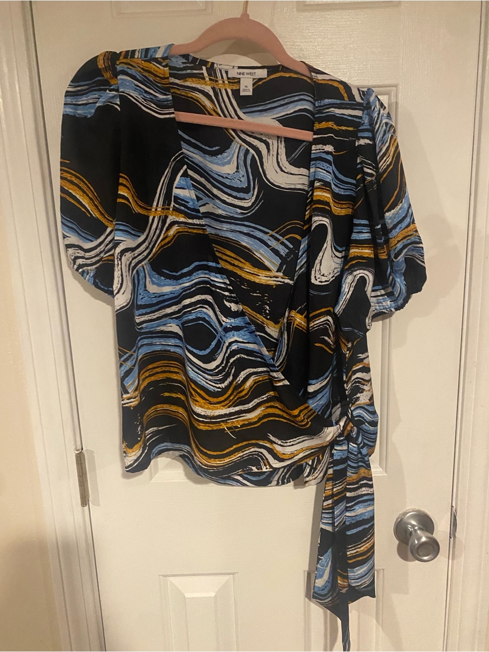 Nine West Black, Blue & Gold Swirl Wrap Top